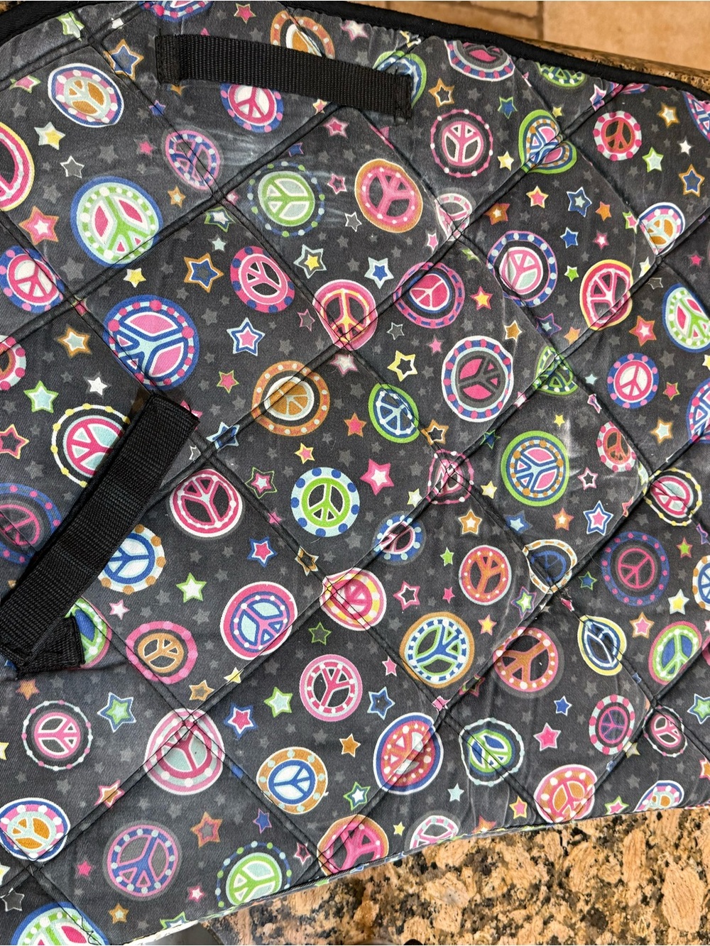 LETTIA square English Saddle PAD w/ PEACE Signs Quilted - Multicolor on Black